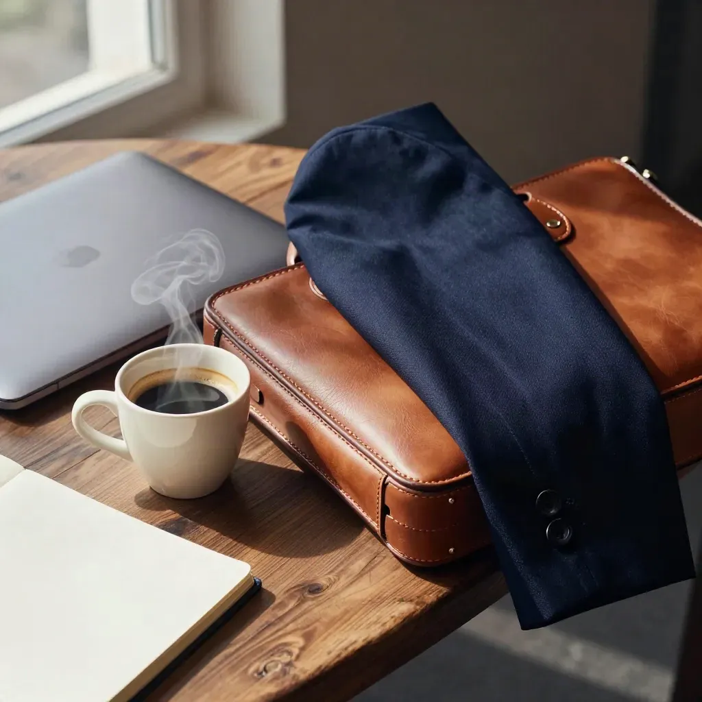 Cafe close-up of briefcase, navy blazer, closed laptop and espresso in morning steam.