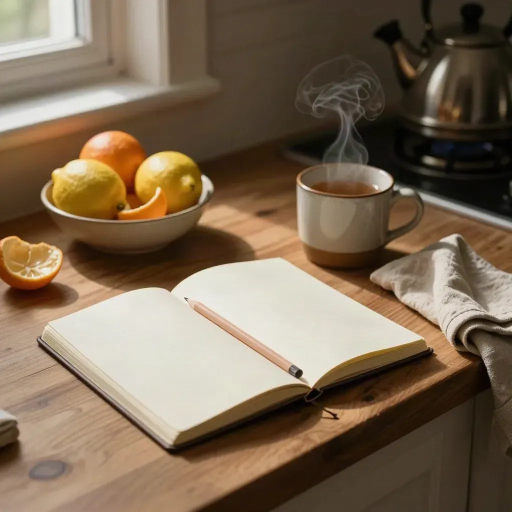 Kitchen reset scene with notebook, pencil, citrus bowl, steaming mug and folded tea towel