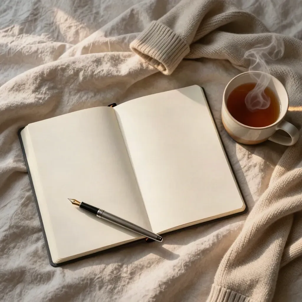 Flat lay of a journal, fountain pen, steaming tea mug, and folded sweater on a bedspread.