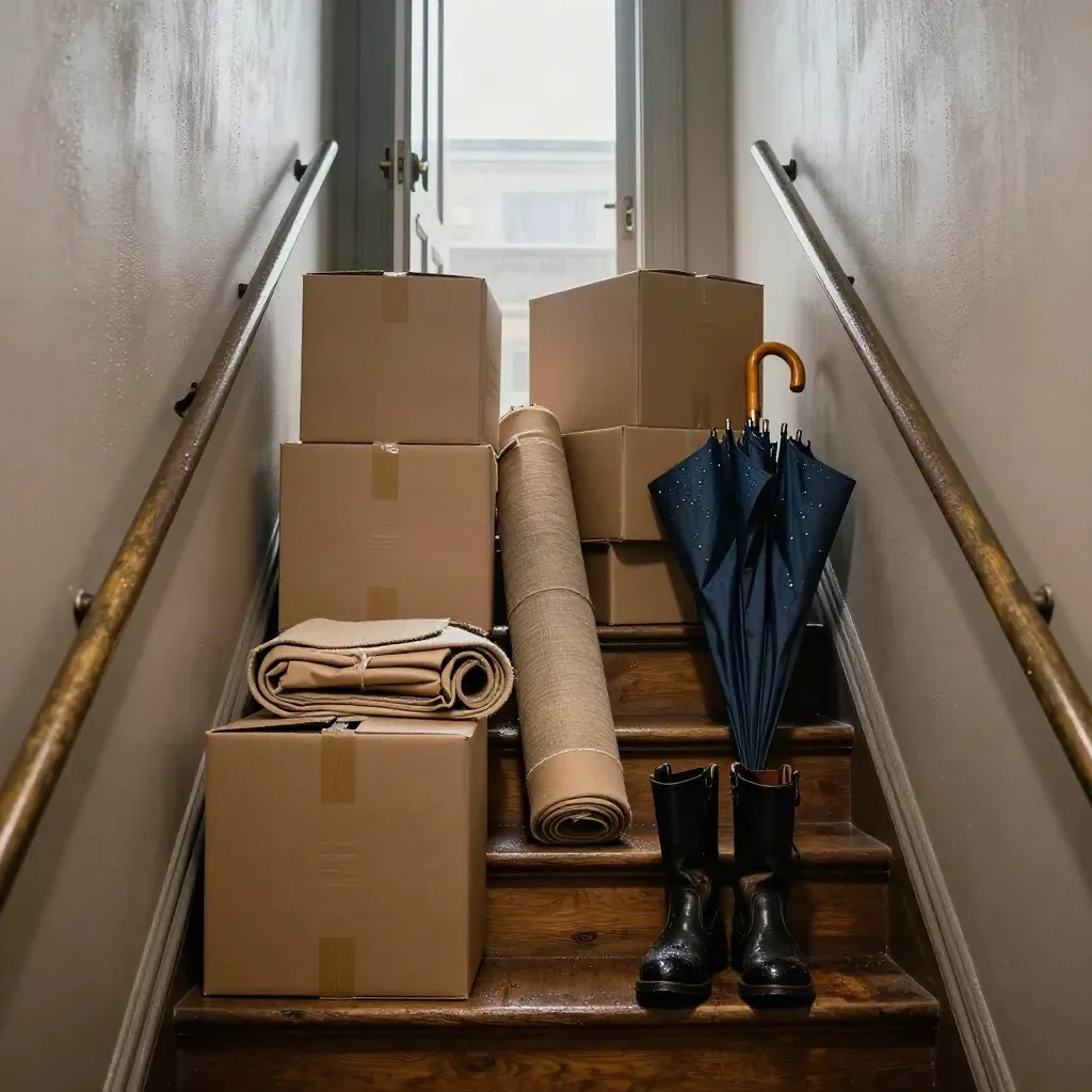 Rainy stair landing with moving boxes, rolled rug, umbrella, and wet boots in a stalled move