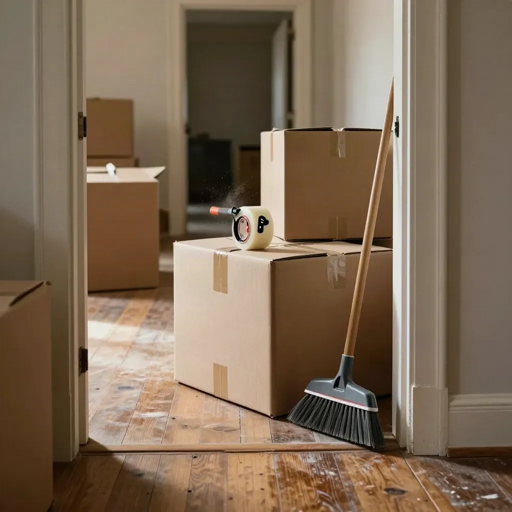 Boxes, tape gun, packing paper and broom by a doorway in moving-day daylight.