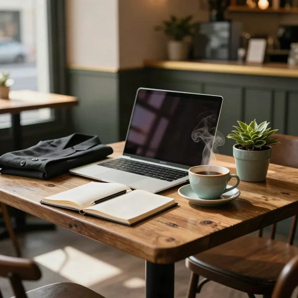 Open laptop, blazer, notebook, cup and plant on a café table in warm afternoon light.