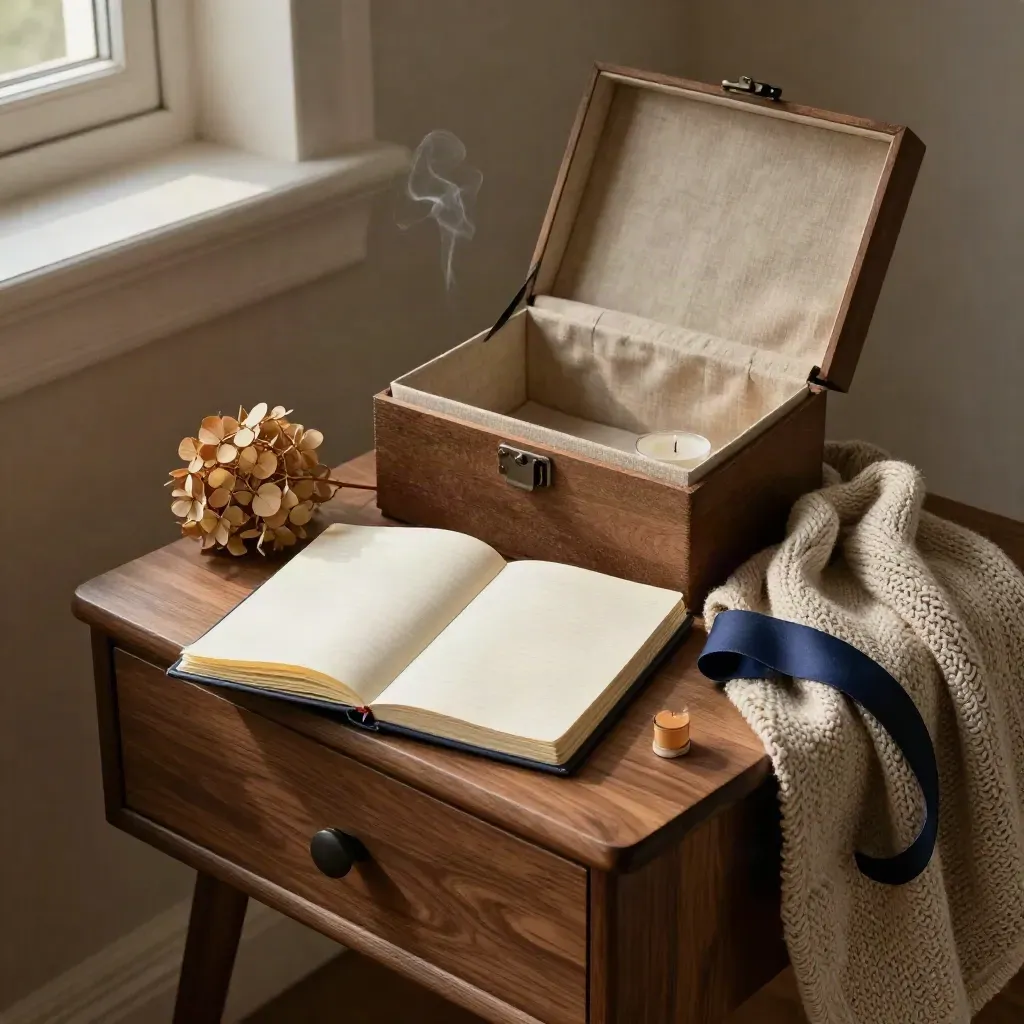 Keepsake box, notebook, dried flowers and candle stub on a bedside table in dusk window light.