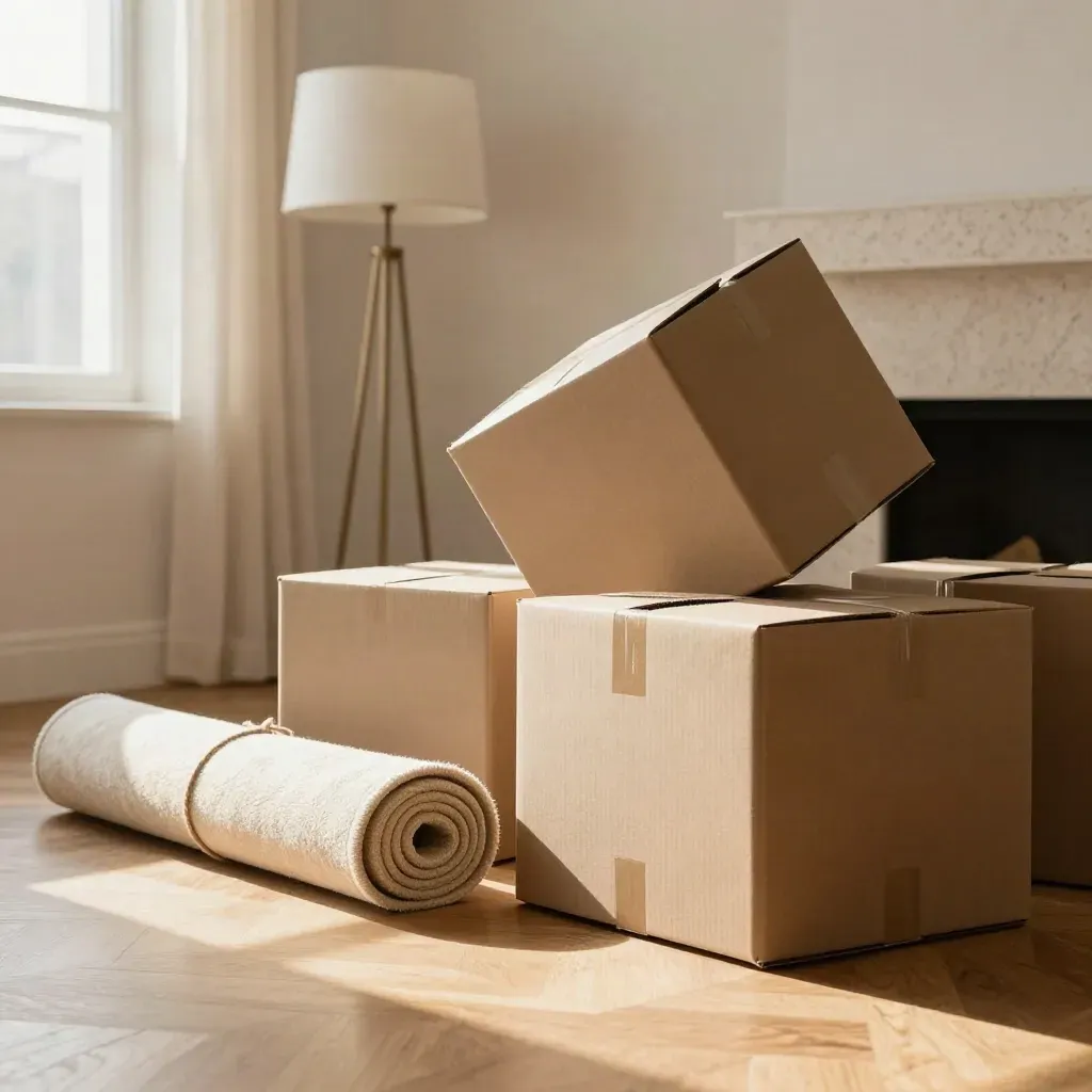 Moving boxes, rolled rug and floor lamp in a sunlit empty living room, ready for move day.