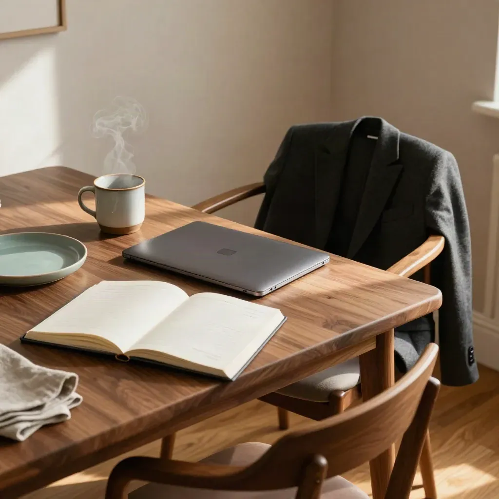Sunlit home office setup with notebook, closed laptop, blazer, steaming mug, and chair foreground.