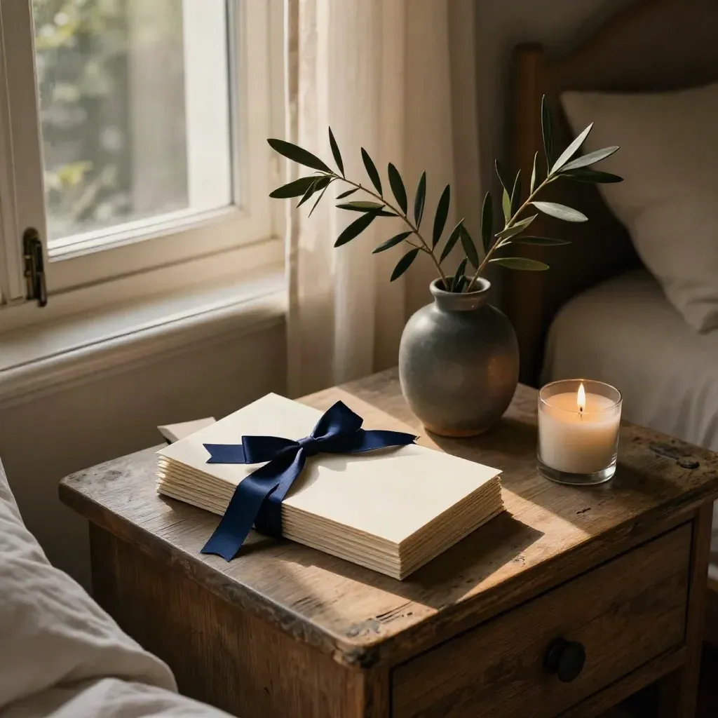 Bedside keepsakes by an open window with candlelight and dried stems