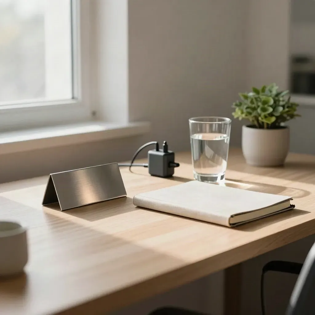 Tidy new-work desk with notebook, charger, water glass, plant, and turned nameplate by a window.