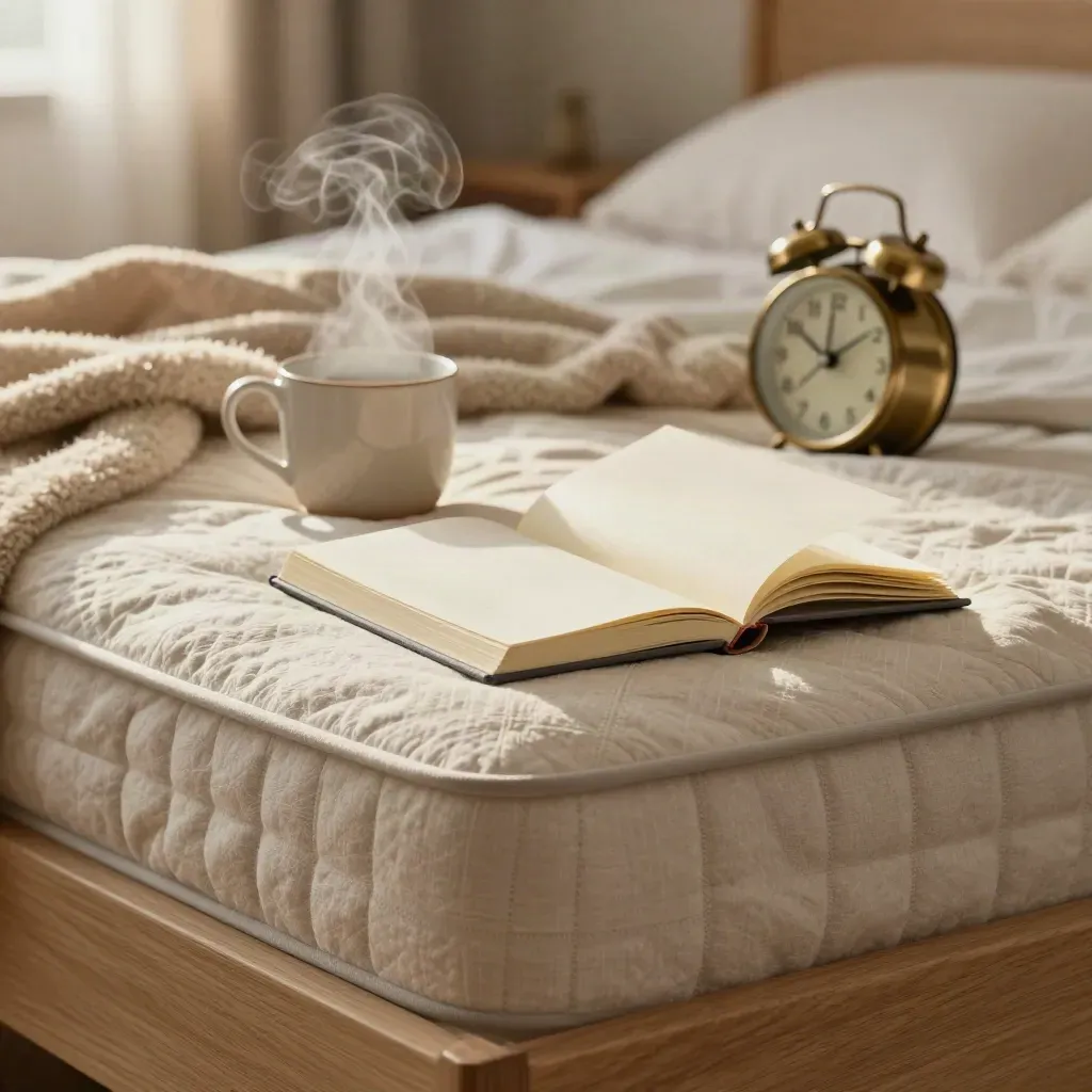 Open journal, steaming tea, turned alarm clock and wool blanket on a bed at dawn.