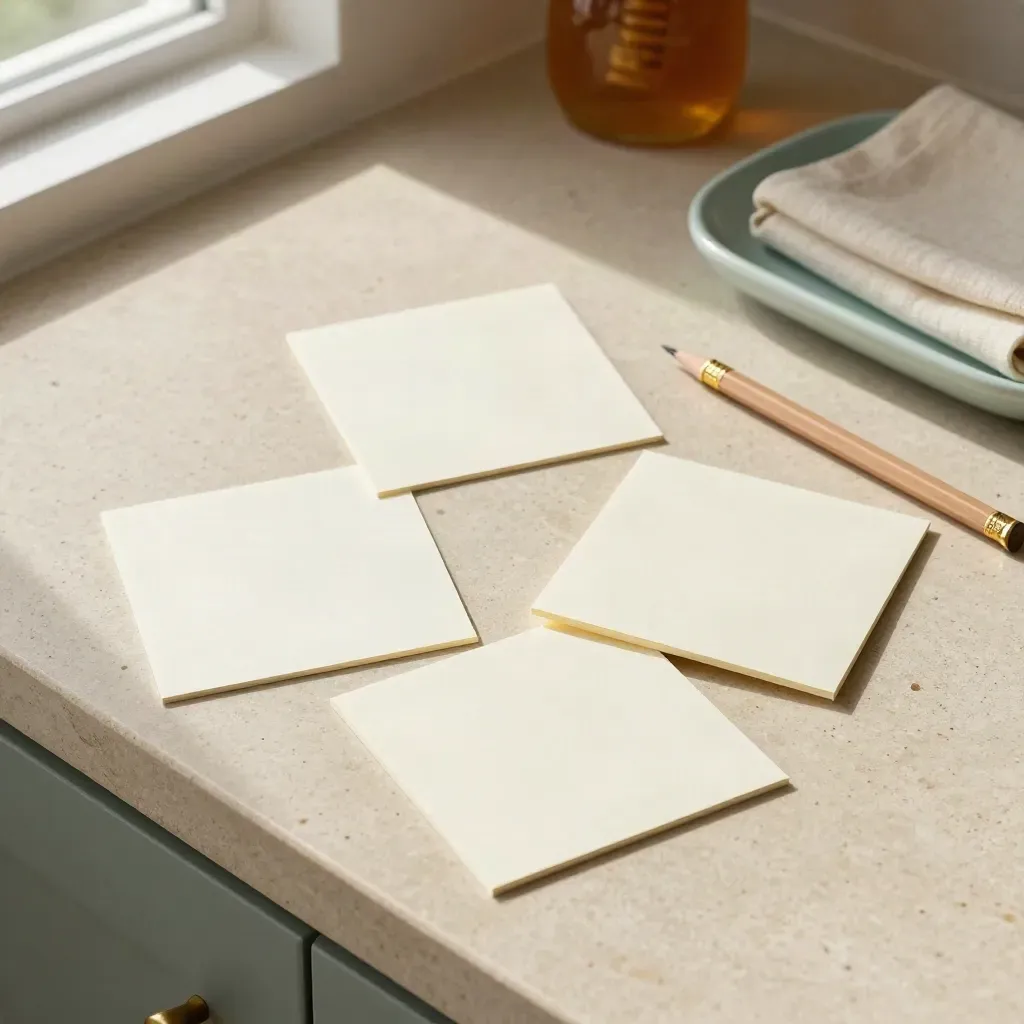 Overhead flatlay of blank cards, pencil, brass clip, and teal tray on a sunlit kitchen counter.
