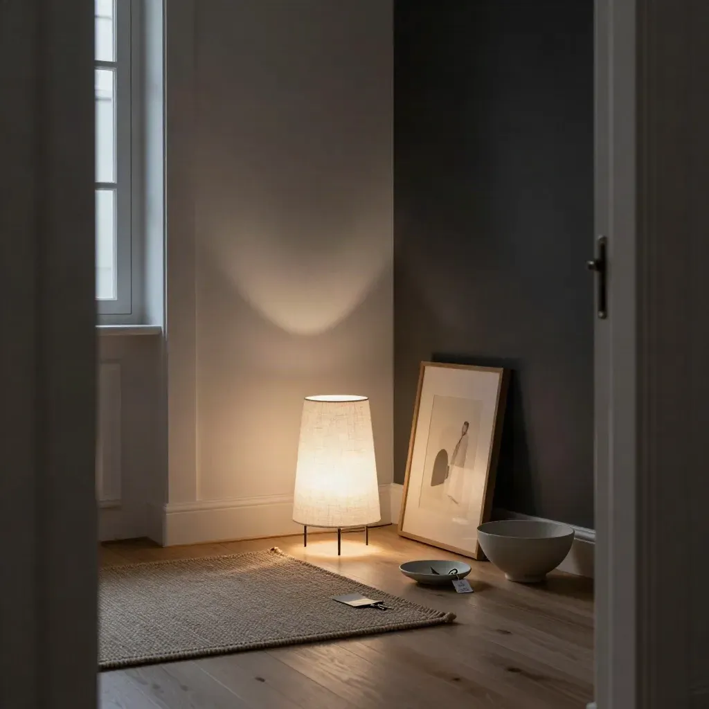 A quiet apartment corner with lamp, rug, leaning art and bowl in warm evening light.