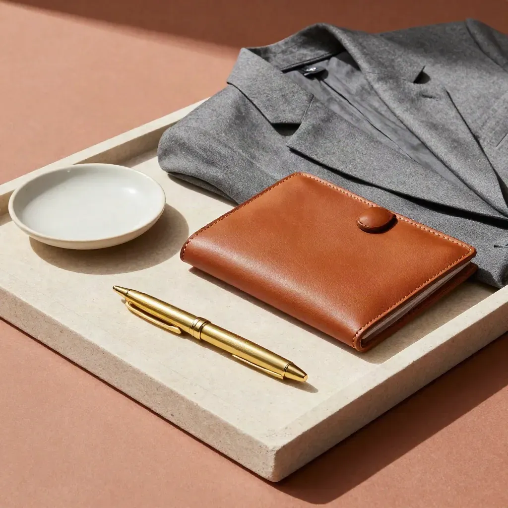 Folded blazer, leather portfolio, brass pen and dish on stone for career changes.