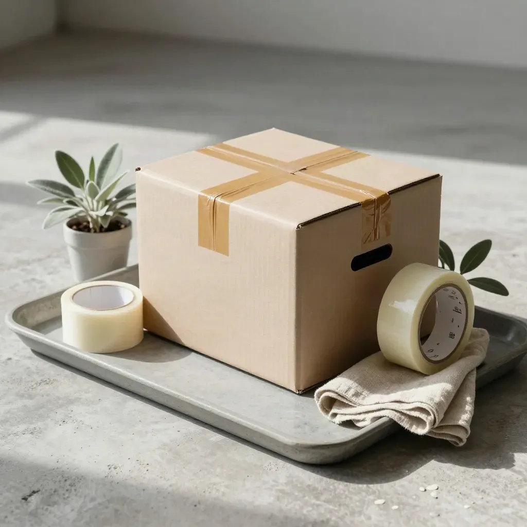 Packed moving box on a stone tray with tape, linen cloth, and a small plant