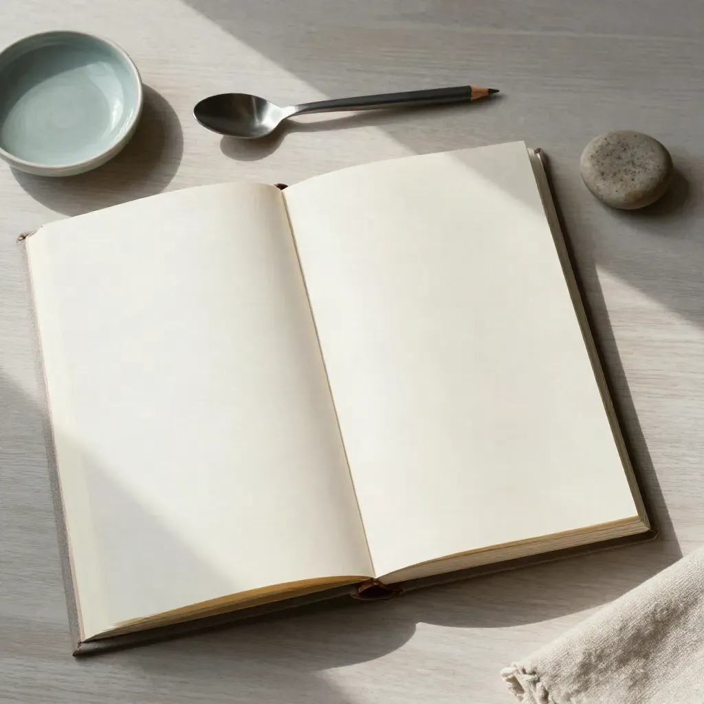 Overhead flatlay of a blank journal, pencil, spoon, and pebble on pale wood in soft daylight.