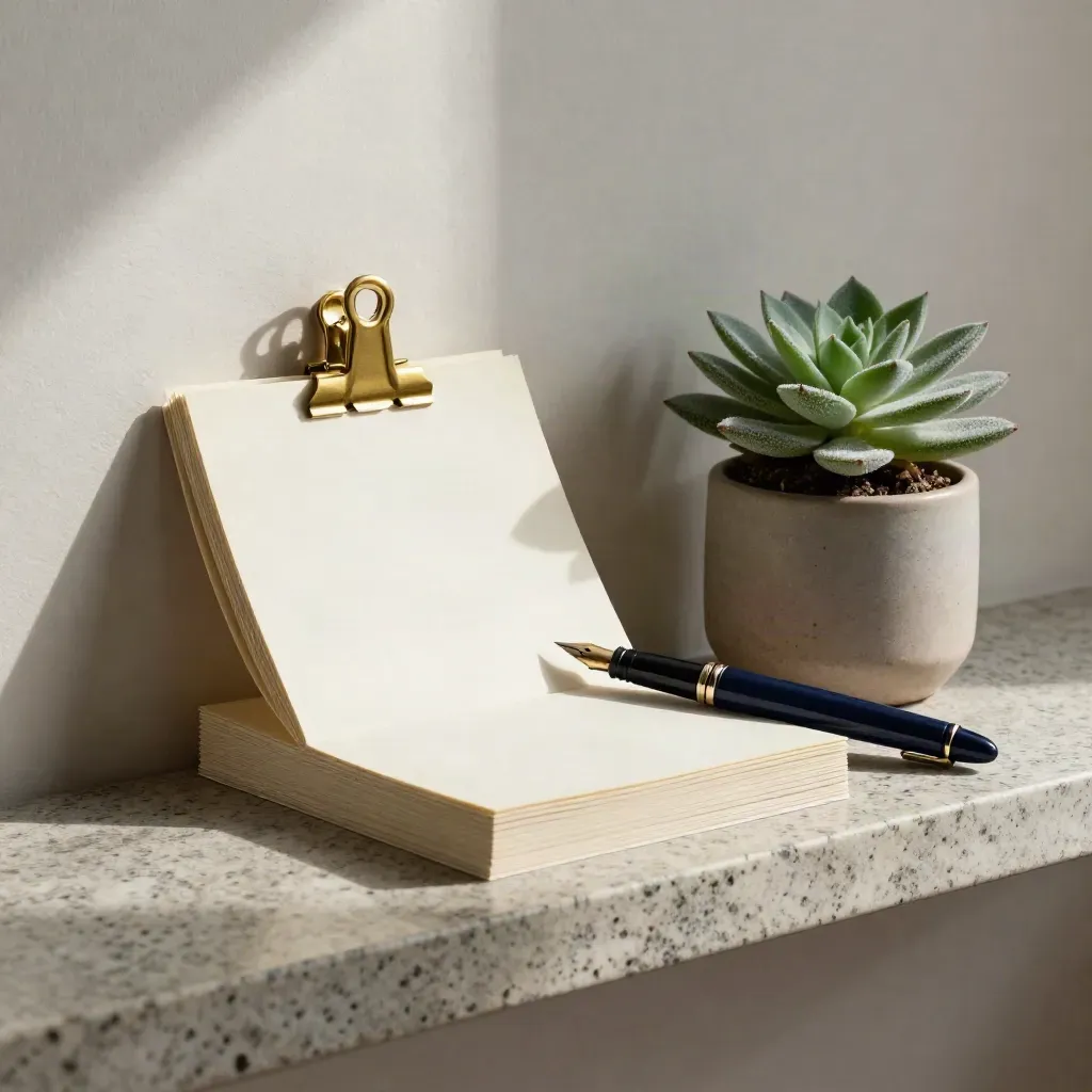 Goal-setting still life with blank cards, navy pen, brass clip, and succulent on a stone shelf.