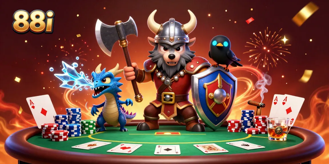 Engage with thrilling 88i casino action, featuring dynamic characters and poker elements in a vibrant setting.