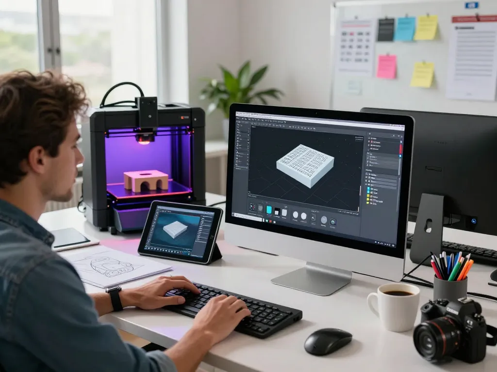 Designer utilizing a text to cad software in a modern workspace to create 3D models.