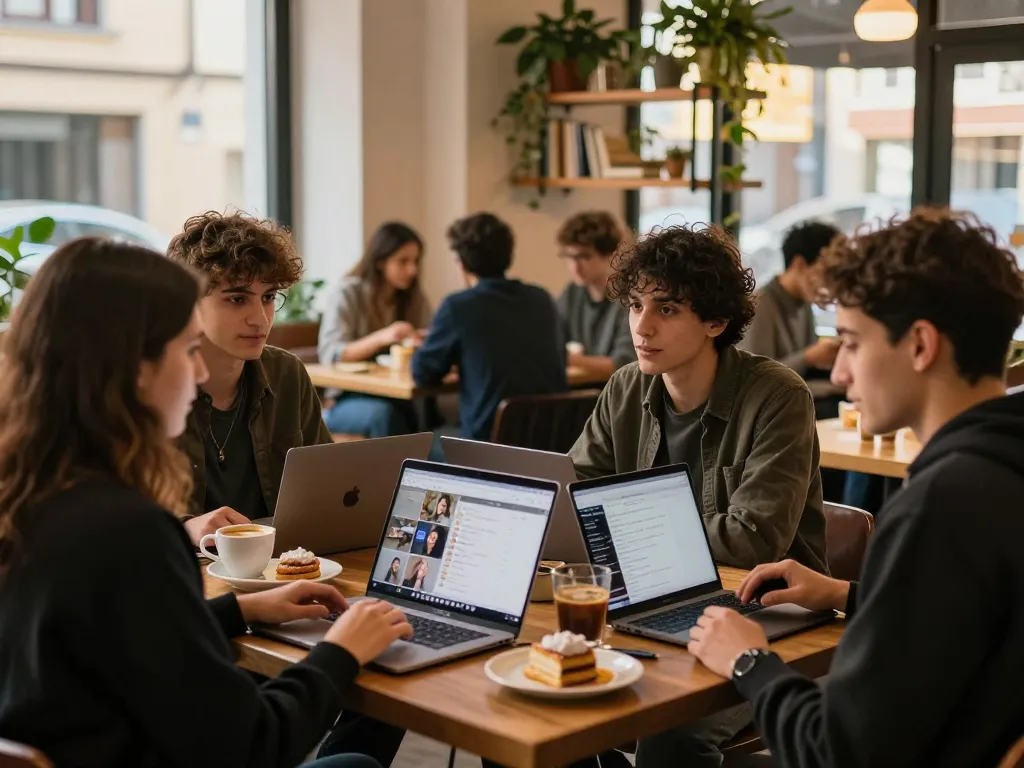 Engaging conversation in a café showing دردشة فلسطين, highlighting social connections among friends.