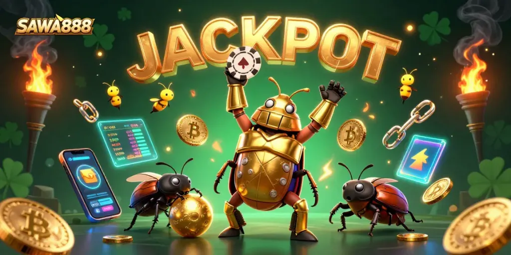 SAWA888 depicts a victorious beetle lifting a poker chip, surrounded by vibrant gambling elements.