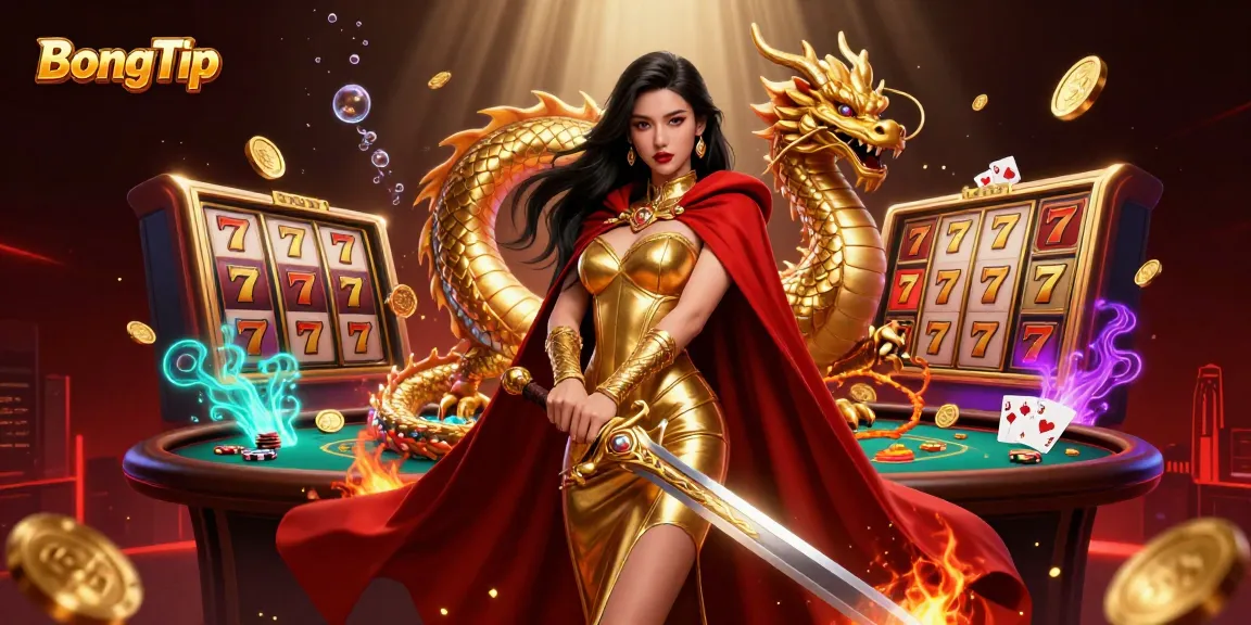 BongTip showcases a stunning 3D illustration of a warrior queen surrounded by vibrant casino elements.