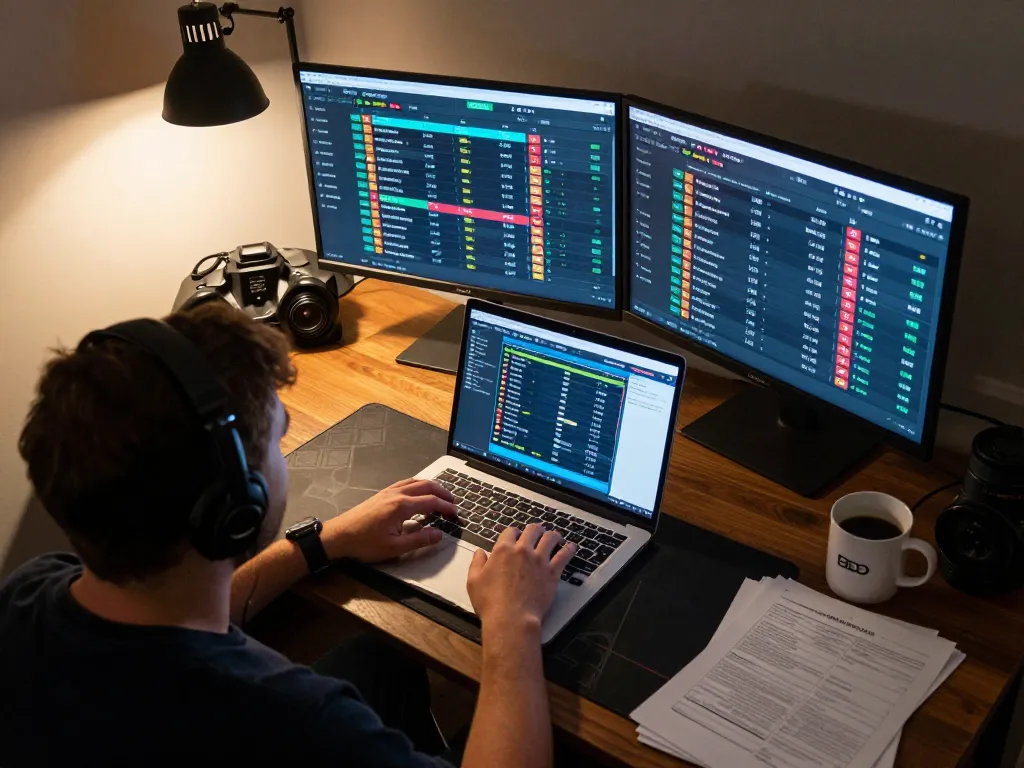 Pengguna SBOBET yang secara intens bertaruh pada olahraga dengan laptop di lingkungan rumah modern, catatan strategi di sekitarnya