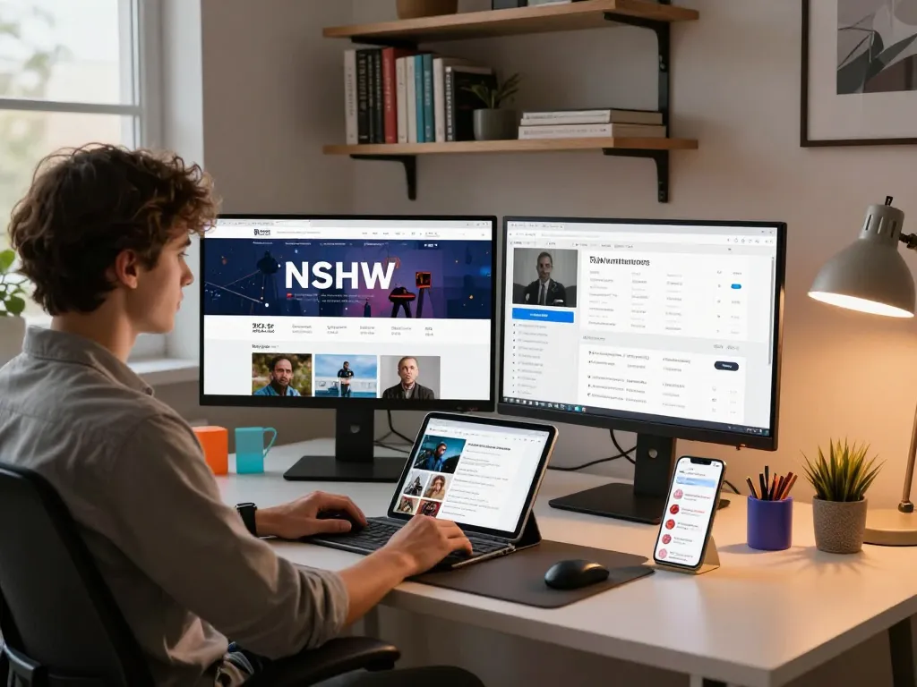 Workspace displaying NSFW content analytics with dual monitors, modern design, and warm lighting.