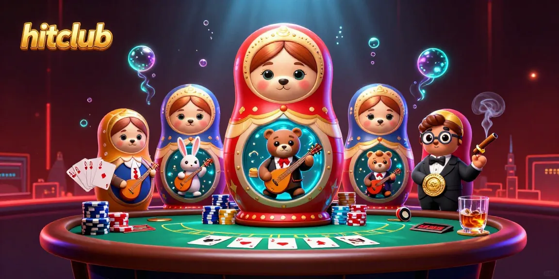 hitclub themed illustration with Russian Matryoshka bears and casino elements in a vibrant scene
