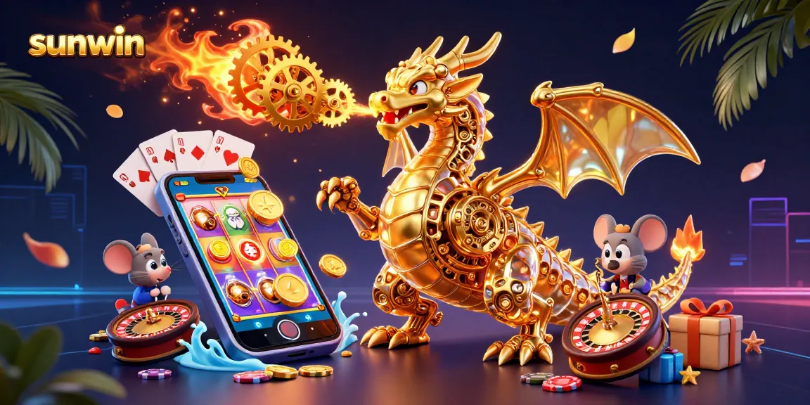 Engage with sunwin's vibrant casino scene featuring a golden dragon and thrilling slot action.