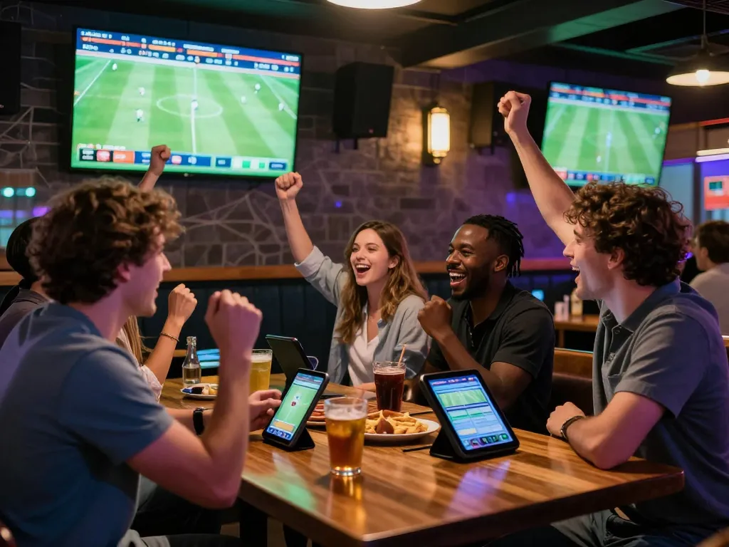 Friends enjoying online betting at https://okfun.onl/ while watching a live football match, vibrant bar atmosphere.