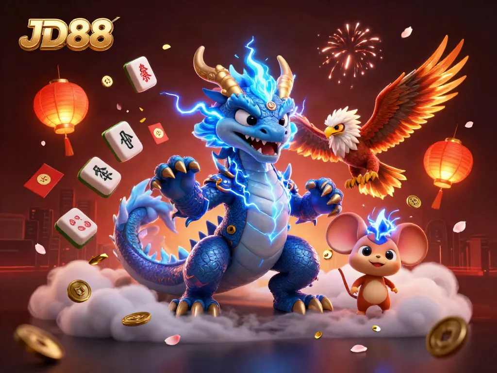 Experience the thrill of JD88 with an electrifying dragon and vibrant casino elements.