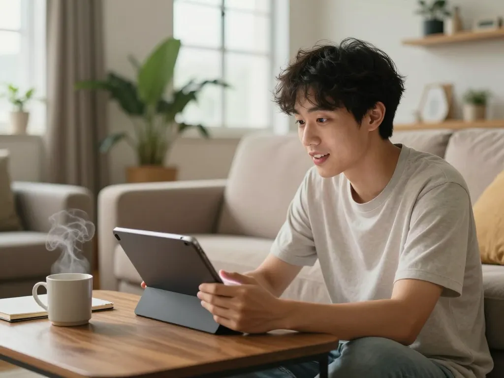 Young man chatting with AI girlfriend on tablet in modern apartment showcasing engaging AI gf experience.
