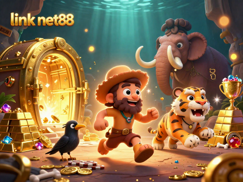 Engage with link net88 in this vibrant 3D casino scene featuring a caveman and tiger duo!