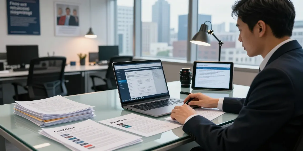 Document fraud detection analysis in a modern office with an analyst reviewing fraudulent indicators and data