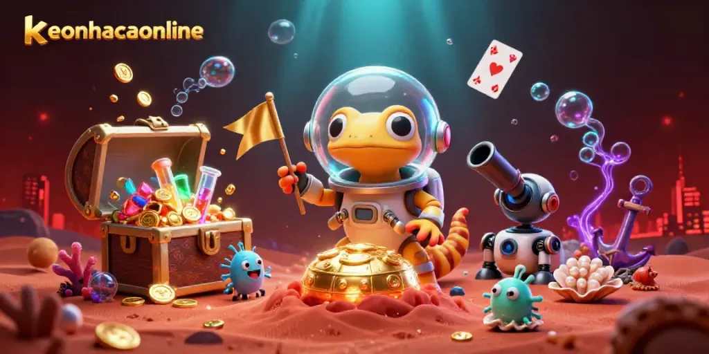 Engage with keonhacaionline as a Martian gecko explores a vibrant casino scene on Mars.