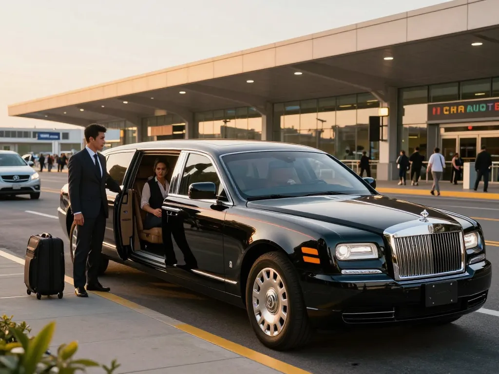 Limo service to O’Hare from Naperville with elegant chauffeur and luxury vehicle at airport.