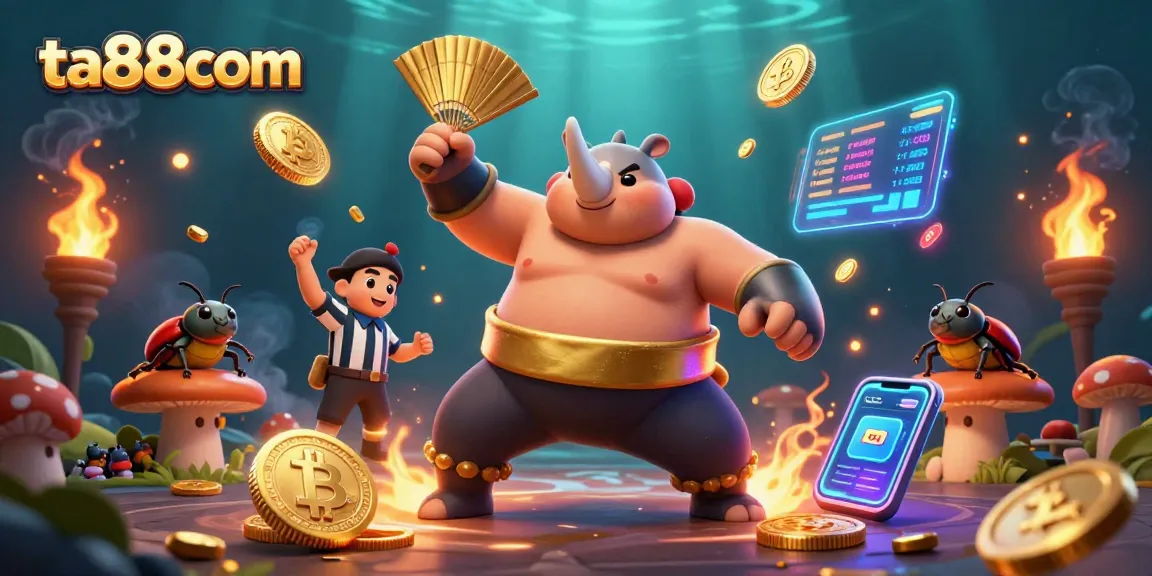 Engage with ta88com's thrilling gaming action as a rhinoceros beetle champion unleashes coins in an underwater casino atmosphere.