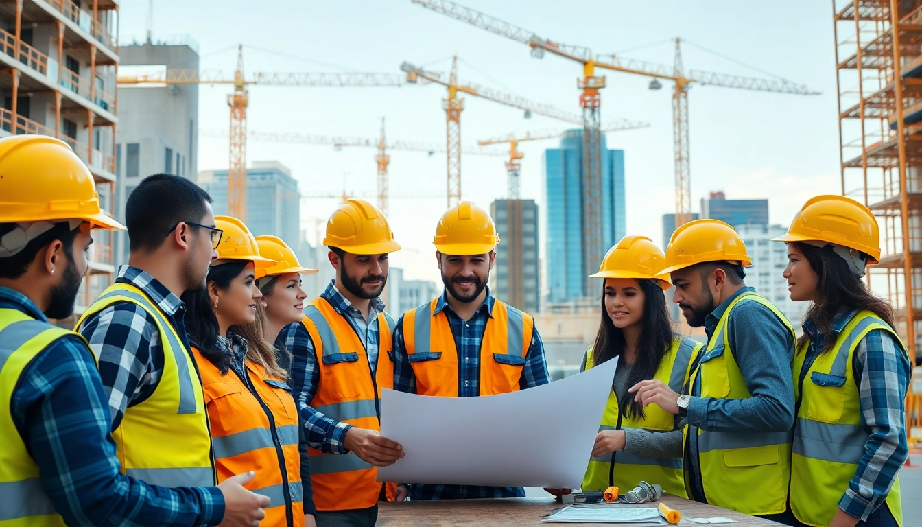 Construction association team working diligently on a building project in urban setting.