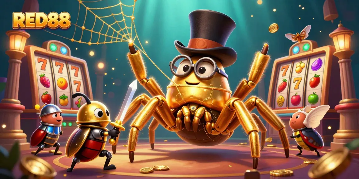 Engaging players with RED88, the cartoon tarantula weaves golden threads between slot machines.