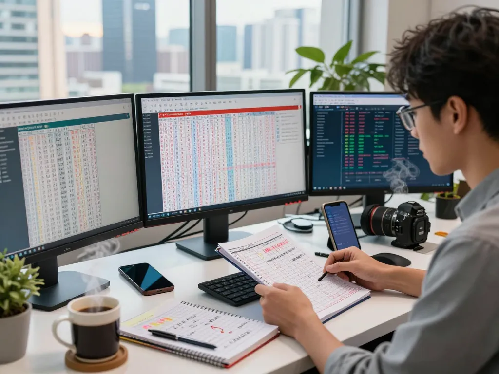 Meneliti hasil lotere HK Hari Ini di ruang kerja modern yang ramai dengan berbagai layar data.