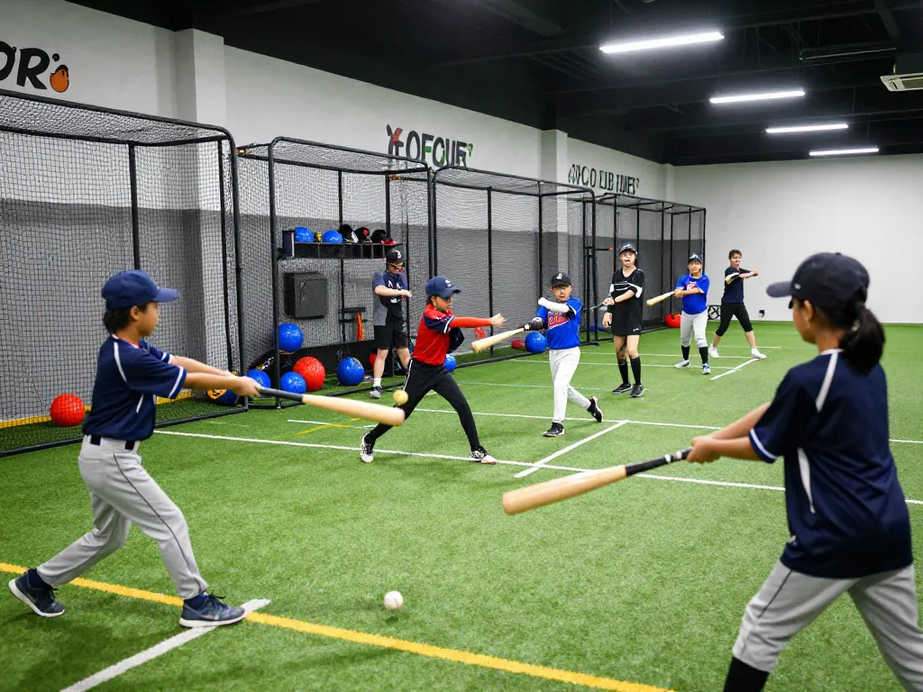 Young athletes training at Hitclub, practicing hitting drills in a dynamic baseball facility.