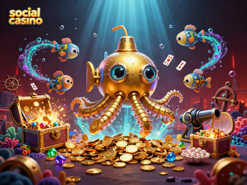 Engage in a social casino adventure with a golden kraken submarine and treasure-themed elements.