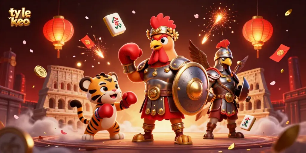 Experience ty le keo's dynamic betting world with a cartoon gladiator rooster, tiger cub, and eagle amidst rich visuals.