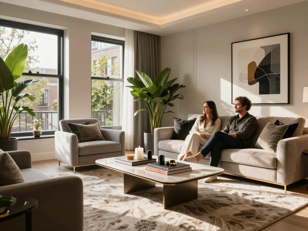 Luxury carpets London featured in an elegant living room setting with modern decor and warm lighting.