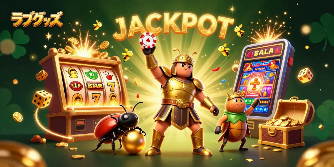 Win big with ラブグッズ as a heroic beetle lifts a poker chip, surrounded by casino treasures and action.
