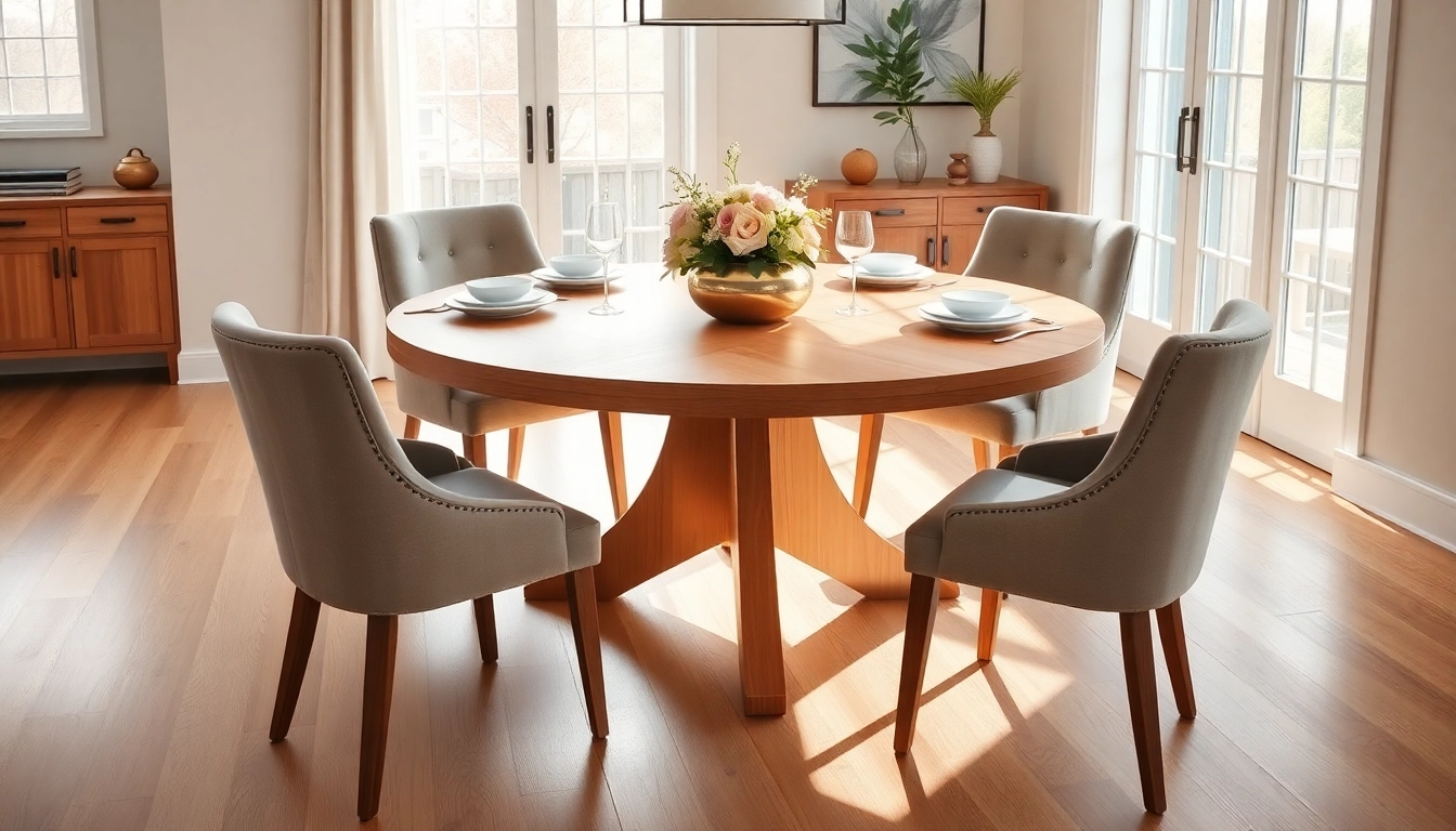 Round dining table crafted from solid American hardwood, elegantly set for a warm dining experience.
