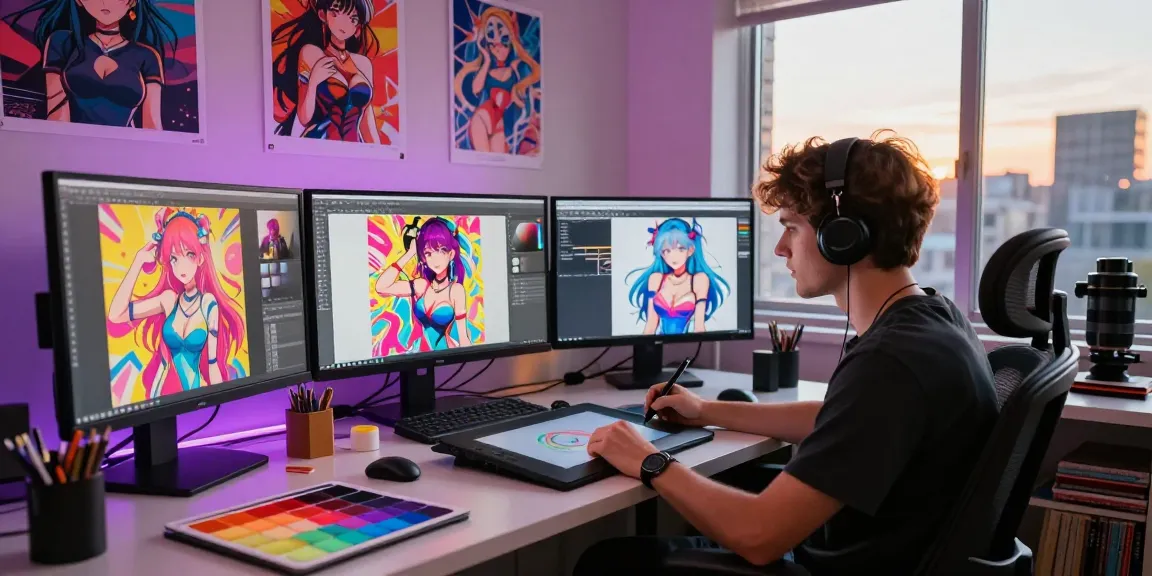 Creating stunning ai ecchi artwork in a vibrant digital art studio environment with warm light and lively character designs.
