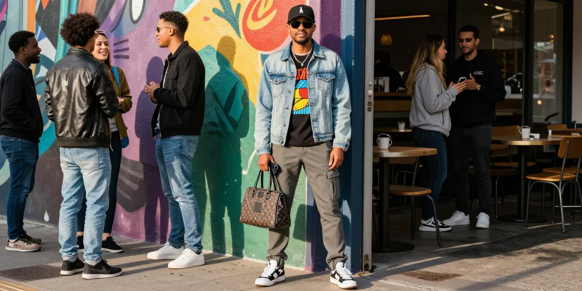 Fashionable individual showcasing street style against vibrant mural background in urban setting.