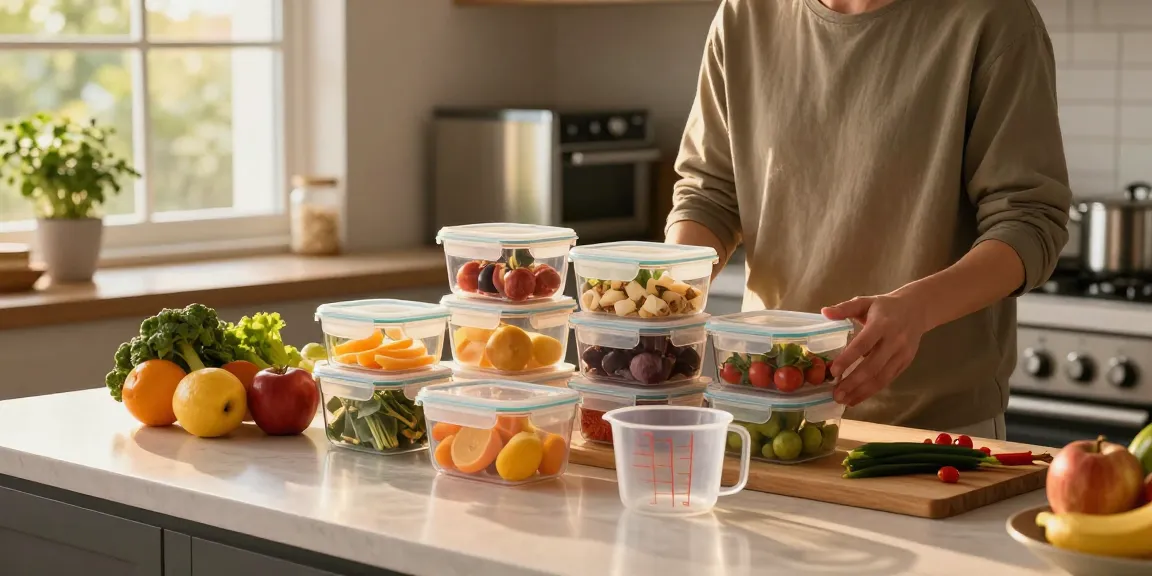 Organizing food storage containers with lids in a vibrant home kitchen for efficient meal prep.