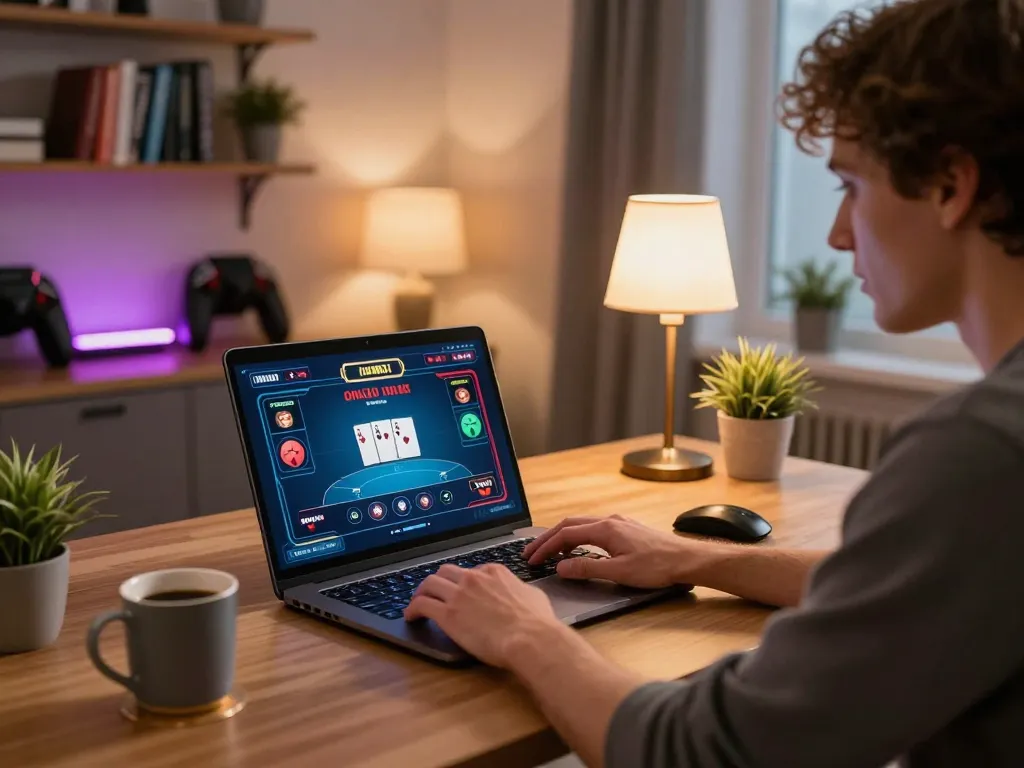 Engaged player enjoying online casino gaming at home via dn88 com laptop, showcasing dynamic poker play and cozy atmosphere.
