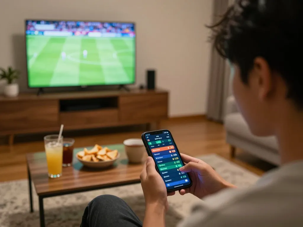 Person engaging in live betting using keonhacai app while watching a sports match on TV