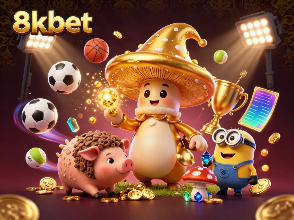 Experience the excitement of 8xbet through a magical 3D illustration with vibrant sports elements and treasure.